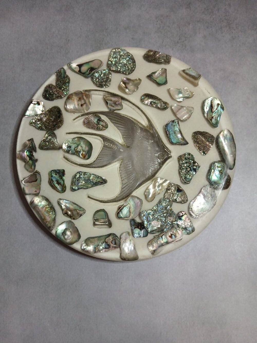 Retro-Abalone Inside Lucite-Trivet with Angelfish Design